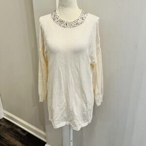 CATO Women's Ivory Sweater Rhinestones Neckline Open Shoulder M
